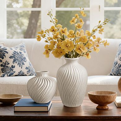 White Ceramic Vase Set 2 Modern Rustic Textured Spiral Stripe 8.65" & 5.5" Round Home Decor