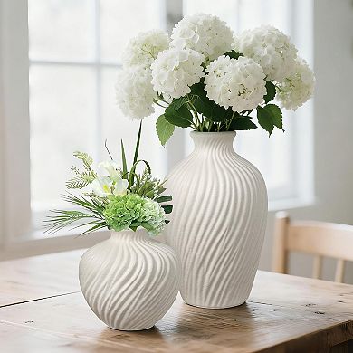 White Ceramic Vase Set 2 Modern Rustic Textured Spiral Stripe 8.65" & 5.5" Round Home Decor