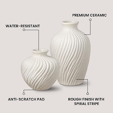 White Ceramic Vase Set 2 Modern Rustic Textured Spiral Stripe 8.65" & 5.5" Round Home Decor