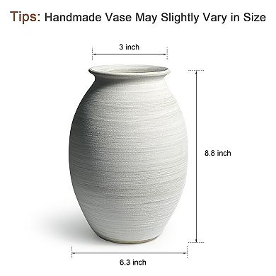 Ceramic Rustic Vase Handmade White Pottery Jar Farmhouse Style Tabletop Centerpiece 9 Inches