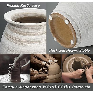 Ceramic Rustic Vase Handmade White Pottery Jar Farmhouse Style Tabletop Centerpiece 9 Inches