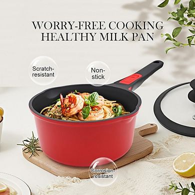 Nonstick Saucepan with Lid, 2-Qt Milk Pot with Pour Spout, Induction Safe