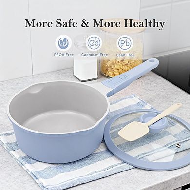 Nonstick Ceramic Saucepan with Lid, Pour Spout, Induction & Oven Safe
