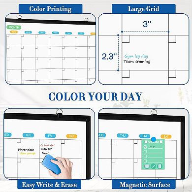 Dry Erase Calendar Whiteboard 24"x18" Double-Sided Monthly Planner Black Aluminum Frame Wall Mount