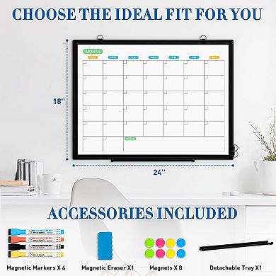 Dry Erase Calendar Whiteboard 24"x18" Double-Sided Monthly Planner Black Aluminum Frame Wall Mount