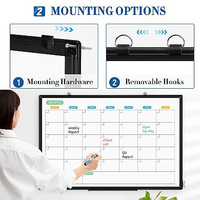 Dry Erase Calendar Whiteboard 24"x18" Double-Sided Monthly Planner Black Aluminum Frame Wall Mount
