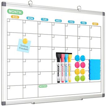 Dry Erase Calendar Whiteboard 24"x18" Double-Sided Monthly Planner Black Aluminum Frame Wall Mount