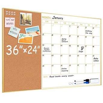 Whiteboard Calendar Cork Board 36"x24" Magnetic Dry Erase Monthly Wall Planner Frame Combo