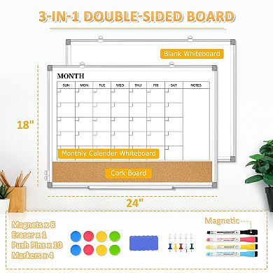 Magnetic Dry Erase Calendar Whiteboard 24"x18" Double Sided Cork Board Aluminum Frame Wall Hanging