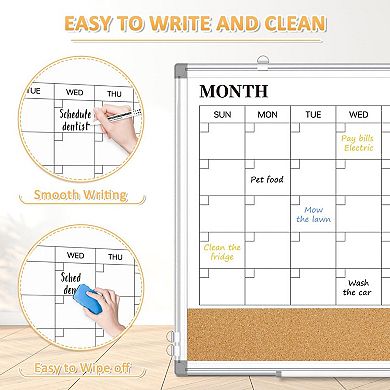 Magnetic Dry Erase Calendar Whiteboard 24"x18" Double Sided Cork Board Aluminum Frame Wall Hanging
