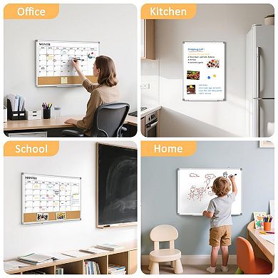 Magnetic Dry Erase Calendar Whiteboard 24"x18" Double Sided Cork Board Aluminum Frame Wall Hanging