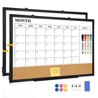 Magnetic Dry Erase Calendar Whiteboard 24"x18" Double Sided Cork Board Aluminum Frame Wall Hanging