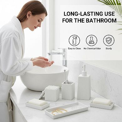 5pc Ceramic Bathroom Set: soap dispenser, toothbrush cup, soap dish, cotton jar, vanity tray.