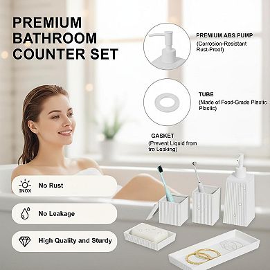 5pc Ceramic Bathroom Set: soap dispenser, toothbrush cup, soap dish, cotton jar, vanity tray.