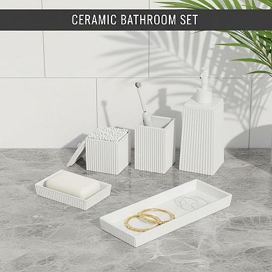 5pc Ceramic Bathroom Set: soap dispenser, toothbrush cup, soap dish, cotton jar, vanity tray.