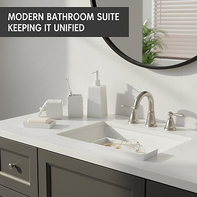 5pc Ceramic Bathroom Set: soap dispenser, toothbrush cup, soap dish, cotton jar, vanity tray.