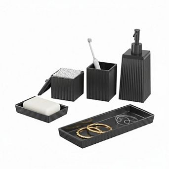 5 pc Ceramic Bathroom Set: soap dispenser, toothbrush cup, soap dish, cotton jar, vanity tray.