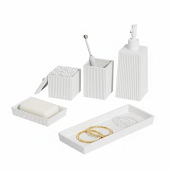 5 pc Ceramic Bathroom Set: soap dispenser, toothbrush cup, soap dish, cotton jar, vanity tray.