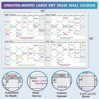 Dry Erase Four Month Wall Calendar 46"x63" Giant Quarterly Laminated Whiteboard Planner