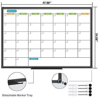 Magnetic Dry Erase Calendar Whiteboard 48x36 Inch Monthly Wall Mounted Black Aluminum Frame