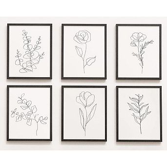 Minimalist Floral Wall Art Set of 6 Black White Line Plant Prints Decor