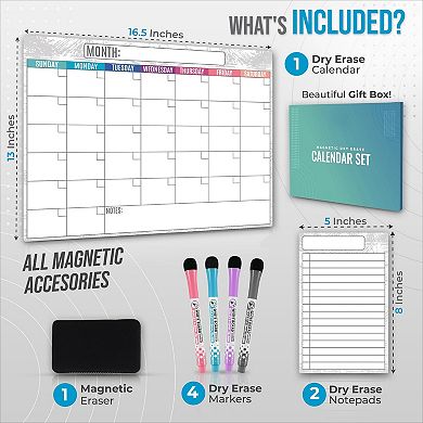 Dry Erase Magnetic Calendar for Refrigerator with Notepads Markers Eraser 16.5x13