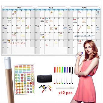 Large Dry Erase Wall Calendar 36"x72" Undated with Markers Eraser Mounting Kit