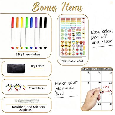 Large Dry Erase Wall Calendar 36"x72" Undated with Markers Eraser Mounting Kit