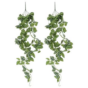 2 pc Plastic Green Leaves Artificial Hanging Plants for Indoor Outdoor Green 41.3"