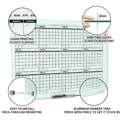Glass Calendar Whiteboard 48x36 Inch Wall Mounted Yearly Planner Magnetic Dry Erase Board