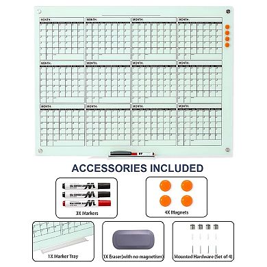 Glass Calendar Whiteboard 48x36 Inch Wall Mounted Yearly Planner Magnetic Dry Erase Board