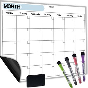Monthly Magnetic Calendar for Refrigerator 17x12" Dry Erase Whiteboard Monday Start 4 Markers Eraser