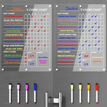 Magnetic Chore Chart 2-Person Clear Weekly Dry Erase Board 15"x11" with 8 Markers