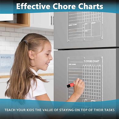 Magnetic Chore Chart 2-Person Clear Weekly Dry Erase Board 15"x11" with 8 Markers