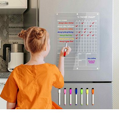 Magnetic Chore Chart 2-Person Clear Weekly Dry Erase Board 15"x11" with 8 Markers