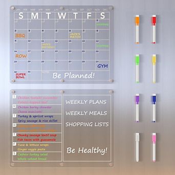 Magnetic Dry Erase Calendar Fridge Weekly Meal Planner Clear Whiteboard 15"x11" With 8 Markers