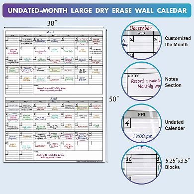 Dry Erase Two Month Calendar 38" x 50" Giant Laminated Wall Planner Vertical Reusable Whiteboard