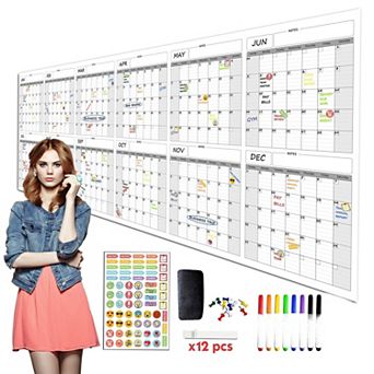 Large Dry Erase Wall Calendar 36"x96" 12-Month Undated Yearly Reusable Laminated Task Organizer