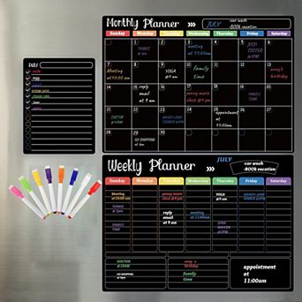 Magnetic Dry Erase Calendar 3-Pack for Fridge - Monthly Weekly Daily Planners with 8 Markers Eraser