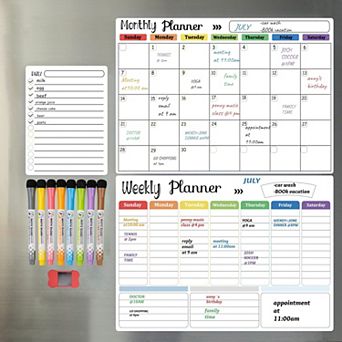 Magnetic Dry Erase Calendar 3-Pack for Fridge - Monthly Weekly Daily Planners with 8 Markers Eraser