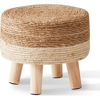 Natural Seagrass Round Ottoman, Padded Footstool, Non-Skid Pine Legs