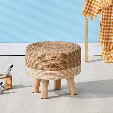 Natural Seagrass Round Ottoman, Padded Footstool, Non-Skid Pine Legs