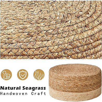 Natural Seagrass Round Ottoman, Padded Footstool, Non-Skid Pine Legs