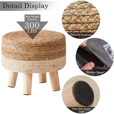 Natural Seagrass Round Ottoman, Padded Footstool, Non-Skid Pine Legs