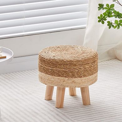 Natural Seagrass Round Ottoman, Padded Footstool, Non-Skid Pine Legs