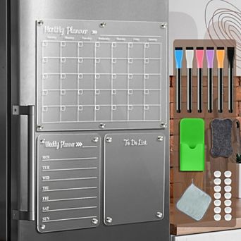 Magnetic Acrylic Calendar Set 3 Transparent Boards 6 Markers Eraser Fridge Organizer