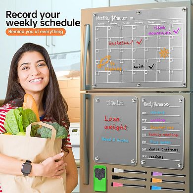 Magnetic Acrylic Calendar Set 3 Transparent Boards 6 Markers Eraser Fridge Organizer
