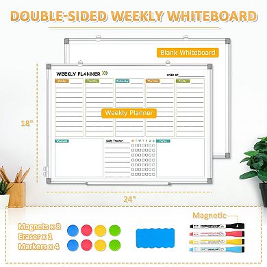 Magnetic Weekly Whiteboard 24"x18" Double-Sided Wall Planner Home Office Kitchen