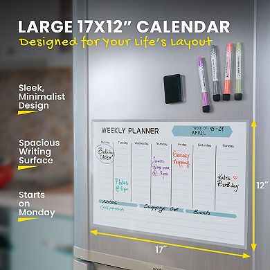 Magnetic Weekly Planner Fridge 17x12" Dry Erase Calendar Stain-Resistant Space 4 Markers Eraser