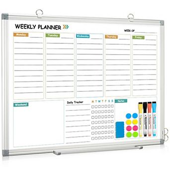 Weekly Dry Erase Calendar Whiteboard 24x18 Double-Sided Planner Aluminum Frame Wall Mount